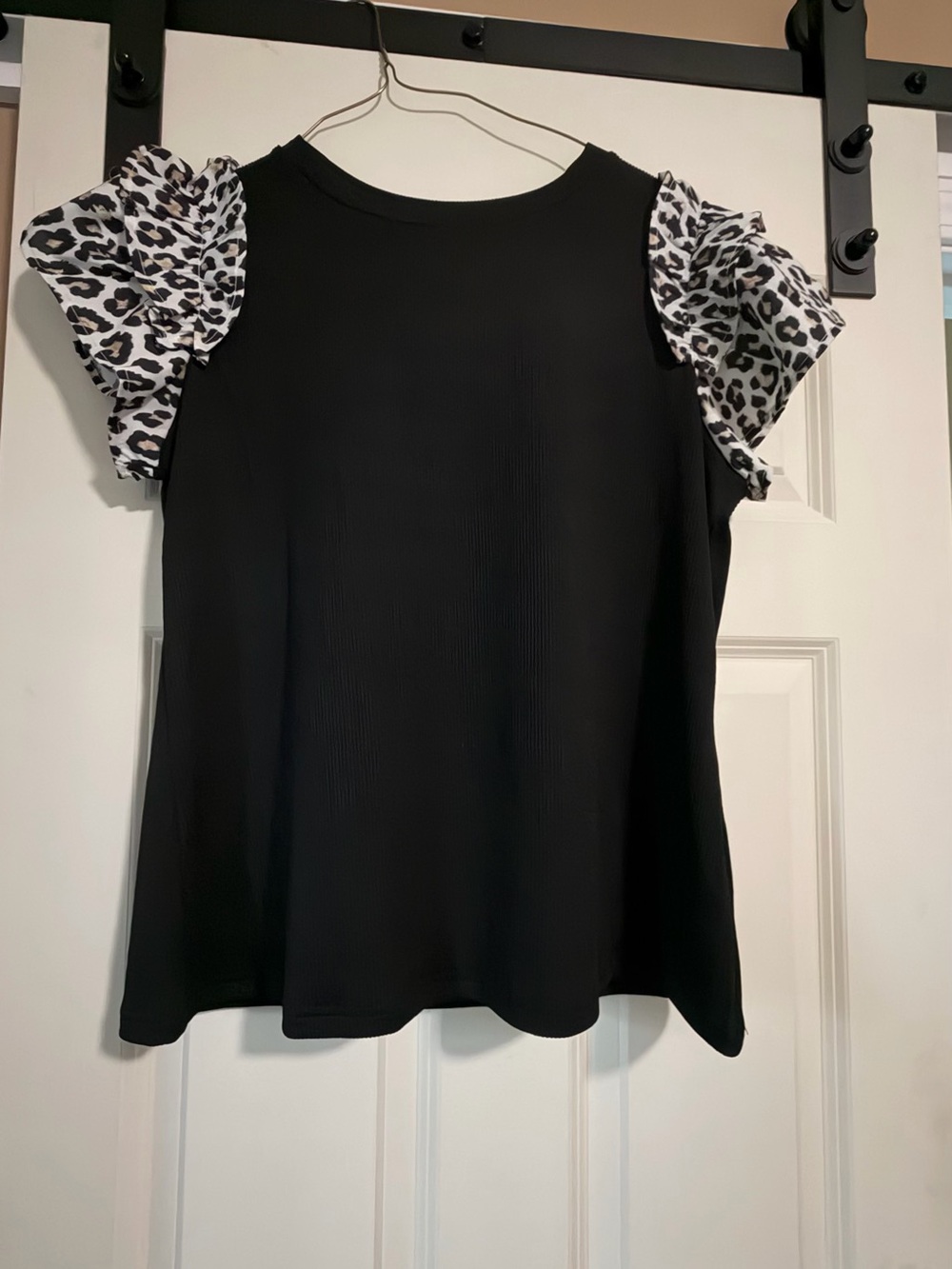 Black Tee with White & Black Leopard Puff Sleeves
